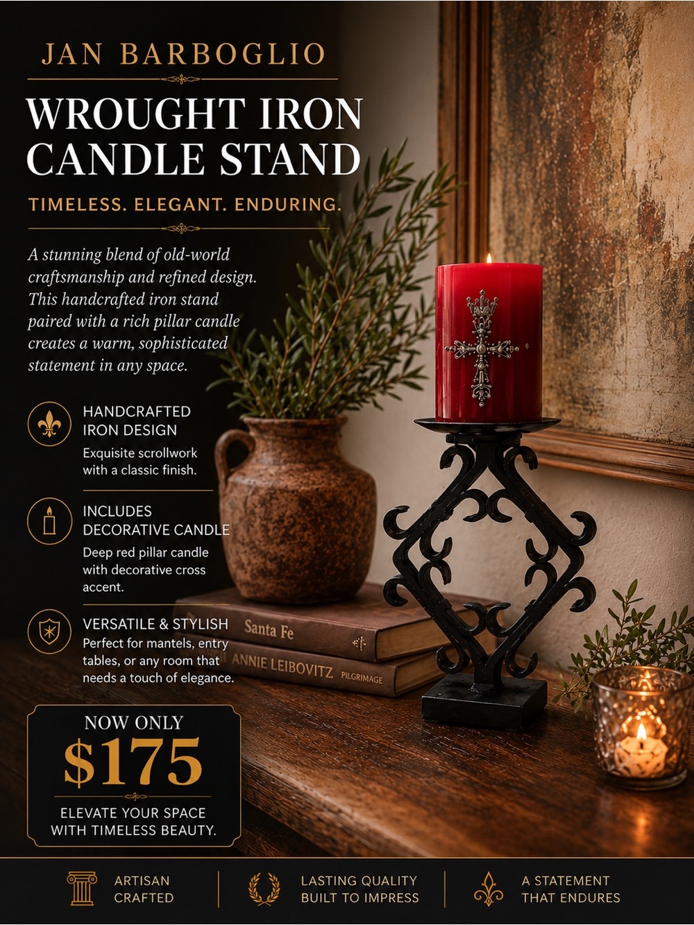 Red Decorative Cross Candle on Iron Stand
